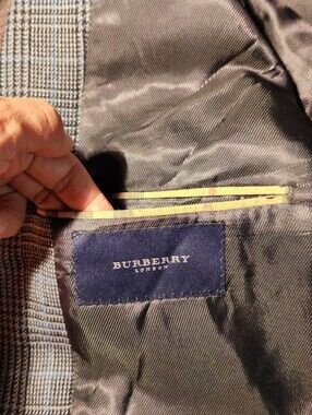 Burberry Gray Herringbone Tweed Wool Blazer with Subtle Blue Windowpane